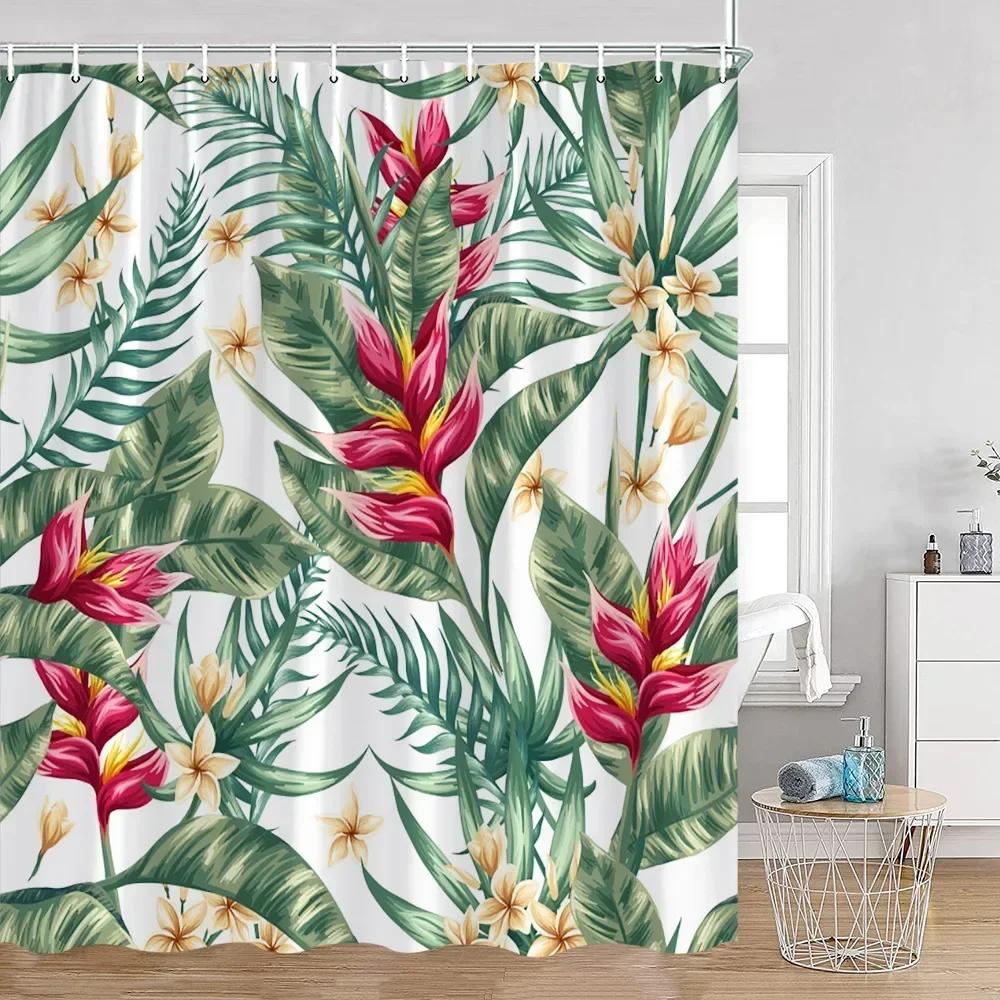 Tropical Leaves Shower Curtain Green Leaf Palm Flower Flower Bathroom Curtain Green Plant Bathroom Decoration with Hook