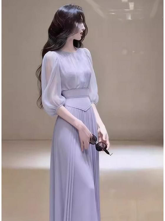 Spring French Style Floral Lantern Sleeve Long Dress L