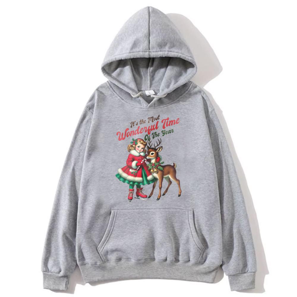 Vintage Christmas Girl Reindeer Print Hoodie Women It's the Most Wonderful Time of The Year Casual Long Sleeve Hooded Sweatshirt