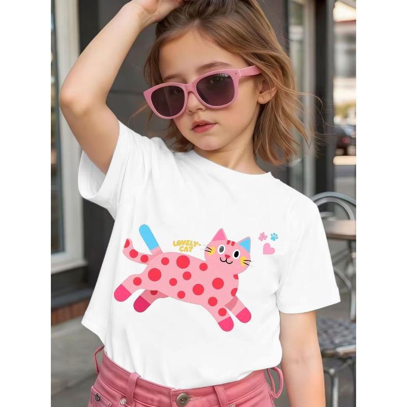 Girls Cute Pink Polka Dot Cat Print Crewneck Short Sleeve Tee, Red & Black Base Kids Top 110 белый