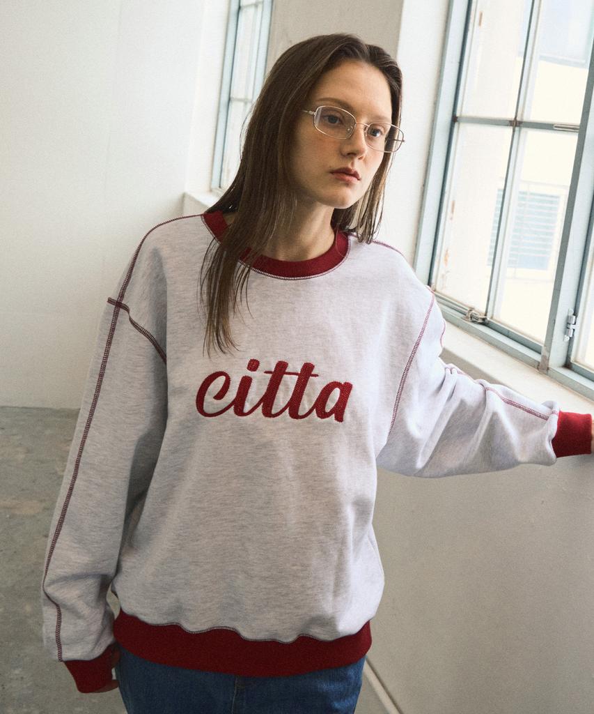 CITTA Chain Stitch Logo Sweatshirt Ctt309 (White Melange_Wine)