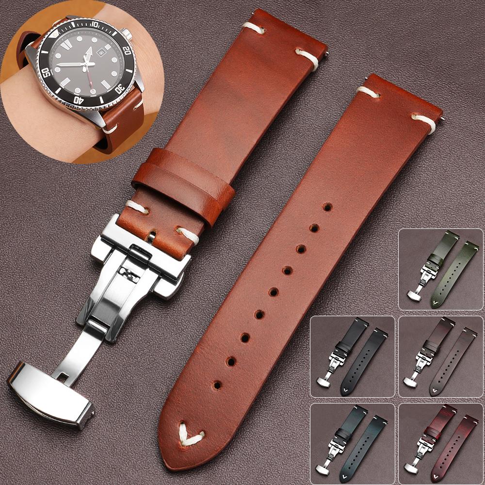 Vintage 18mm 20mm 22mm Cowhide Watch Strap Quick Release Wrist Band Butterfly Buckle Leather Bracelet Stitching Brown Straps