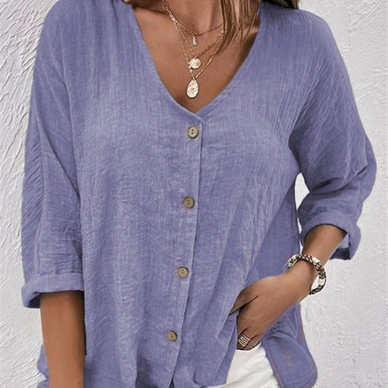 

Elegant Buttons Solid Blouse Spring New Women Long Sleeve Shirts Blouse Casual Loose Holiday V-Neck Female Blusas Top Streetwear XS фиолетовый