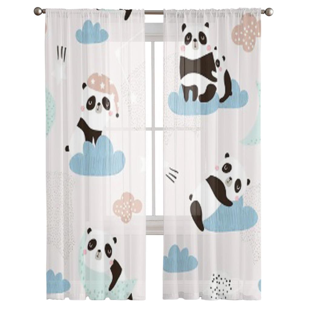 Söta Sovande Pandor Måne Regnbågar Moln Chiffong Skira Gardiner för Vardagsrum Sovrum Dekoration Fönster Voiler Tyllgardin