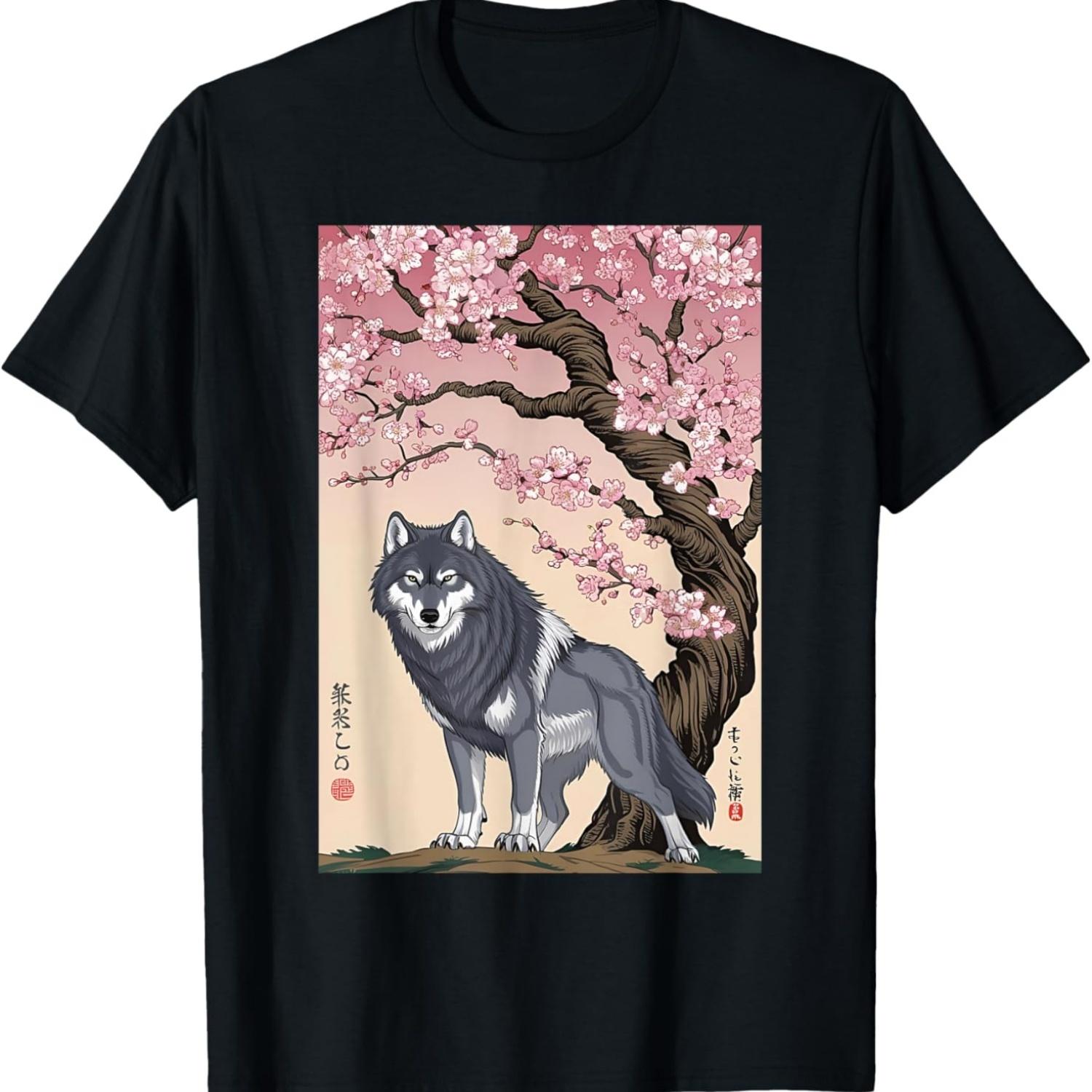 Vintage Ukiyo-e Art  wolf Cherry Blossom Pink T-Shirt S чёрный