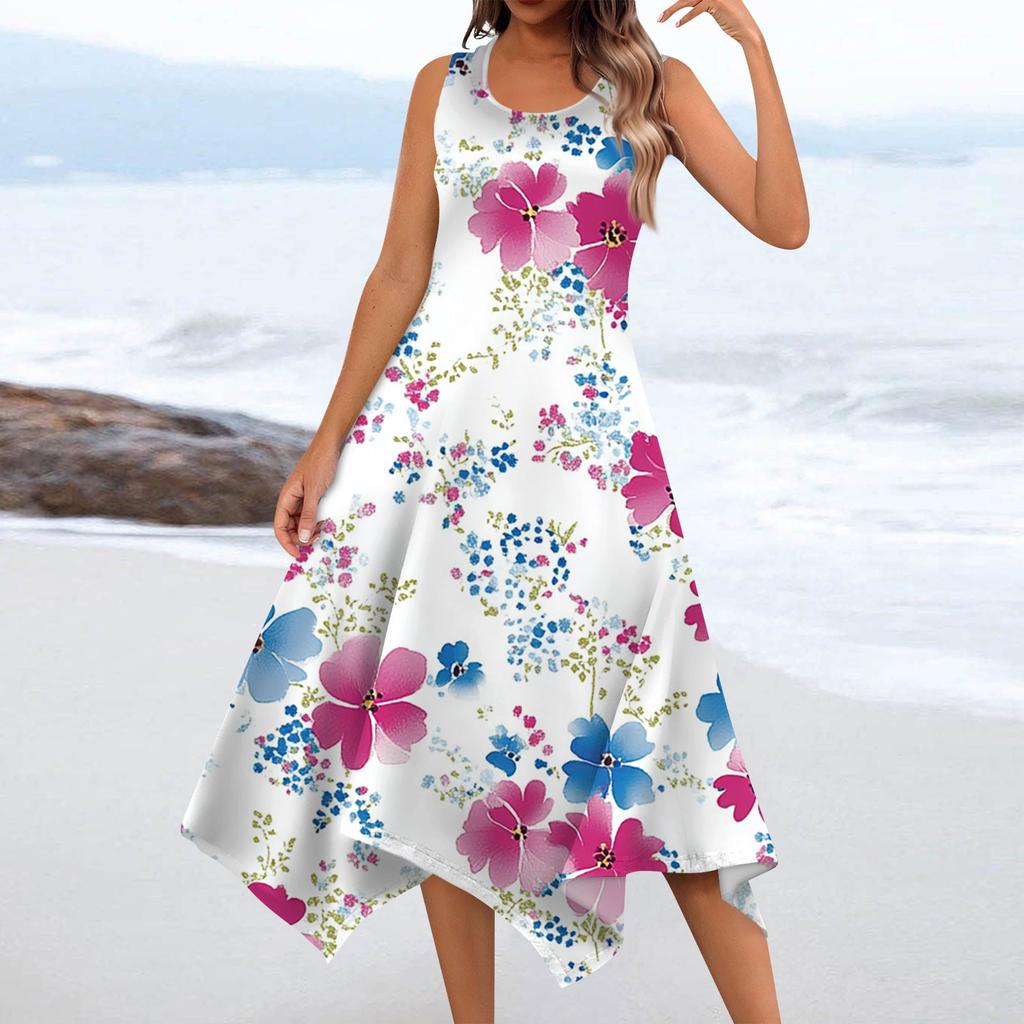 Women's Casual Fashion Round Neck Sleeveless Floral Print Irregular Hem Midi Dress