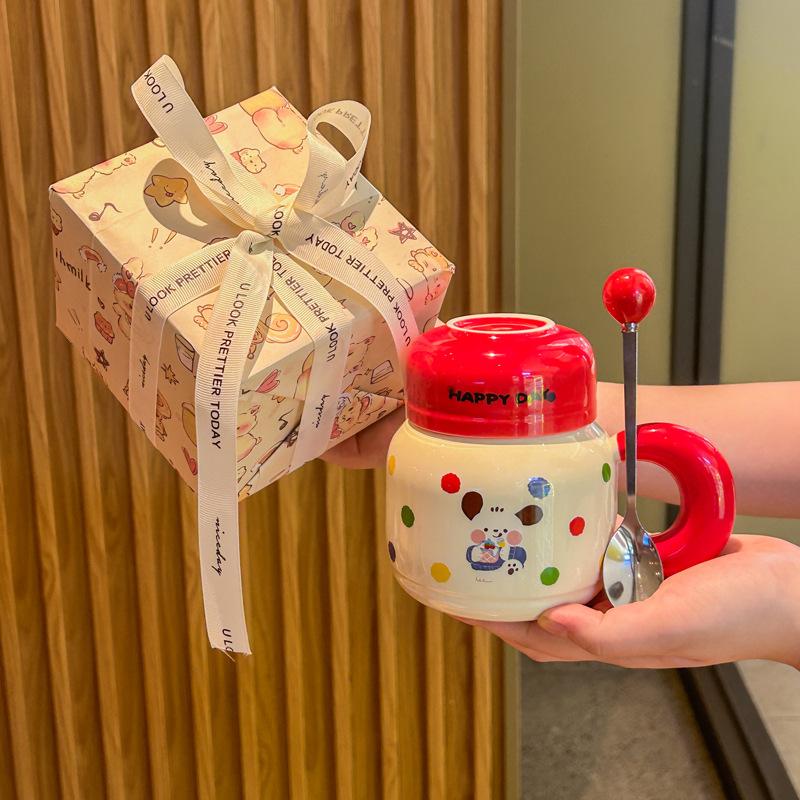 Puppy mug with lid spoon cute girl ceramic cup large capacity kettle household coffee cup