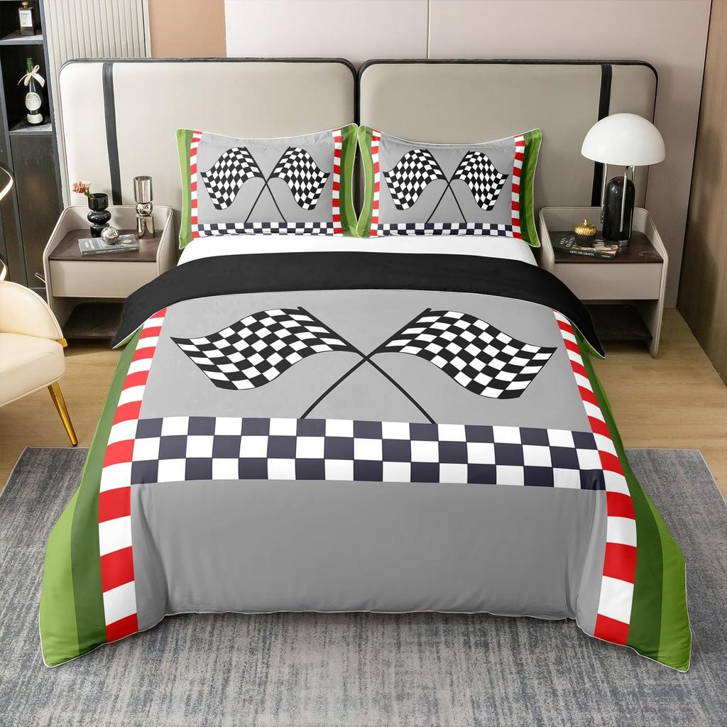 Checkered Flag Duvet Cover Sets for Teens Adults Queen Lightweight Quilt Covers Racing Themed Bedding Set Bedroom Decor No Quilt