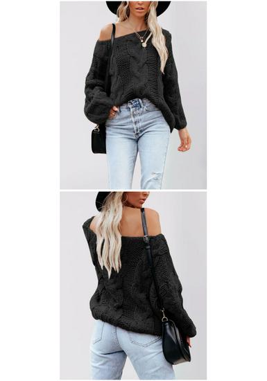 2026 Autumn/Winter European & American Street Style One-Shoulder Cable Knit Loose Plus Size Women's Sweater