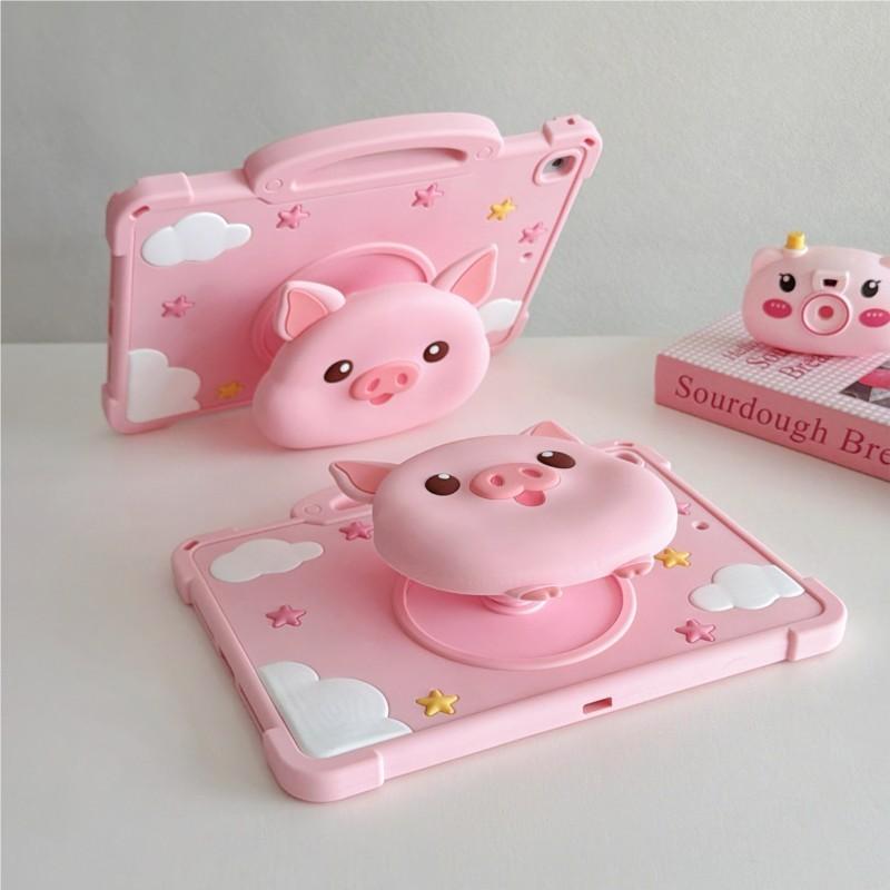 3D Cartoon Cute Pink Pig Silicone Tablet Case With Handle For iPad 12th 11 10 9 8 Ipad Pro Air M4 M3 M2 11inch A16 A19 2018-2026 M4 Kids Cover Stand