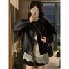 Kumikumi American vintage Black PU Leather Long sleeve Outerwear Women clothes Autumn Niche Loose Lapel Jacket Top