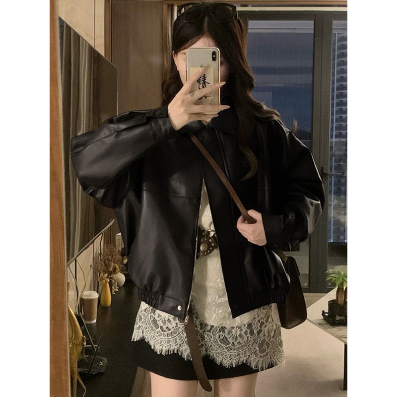 Kumikumi American vintage Black PU Leather Long sleeve Outerwear Women clothes Autumn Niche Loose Lapel Jacket Top