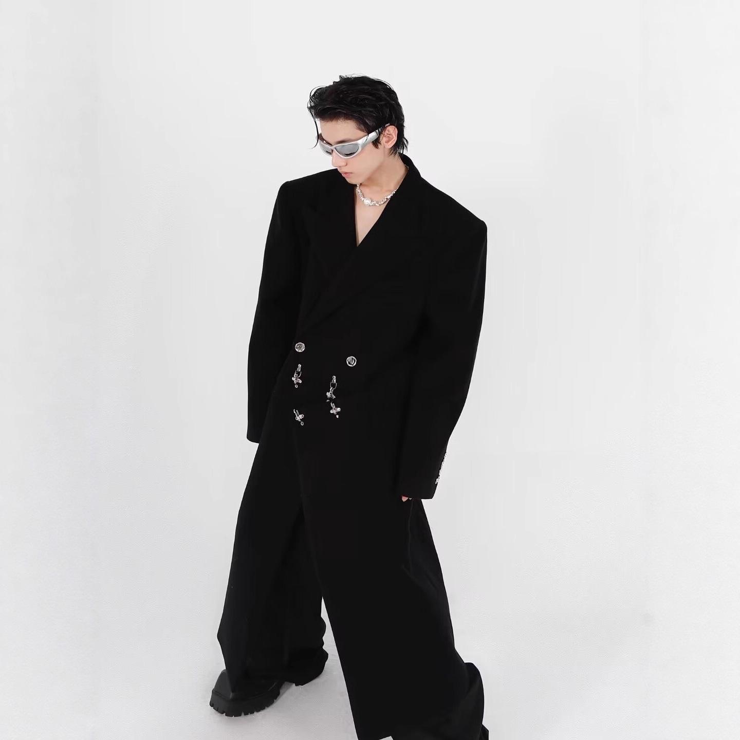 

2025 Autumn Men s Plus Size Loose Wool Trench Coat with British Metal Detailing - Trendy Hong Kong Style XL чорний