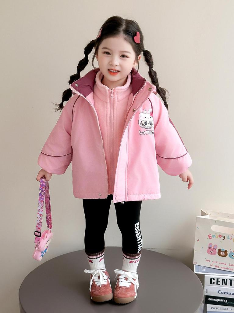 Girls' Fleece-Lined Windproof Jacket Set with Bag for Toddlers/Little Kids, Thick Autumn/Winter Coat with Cotton Lining