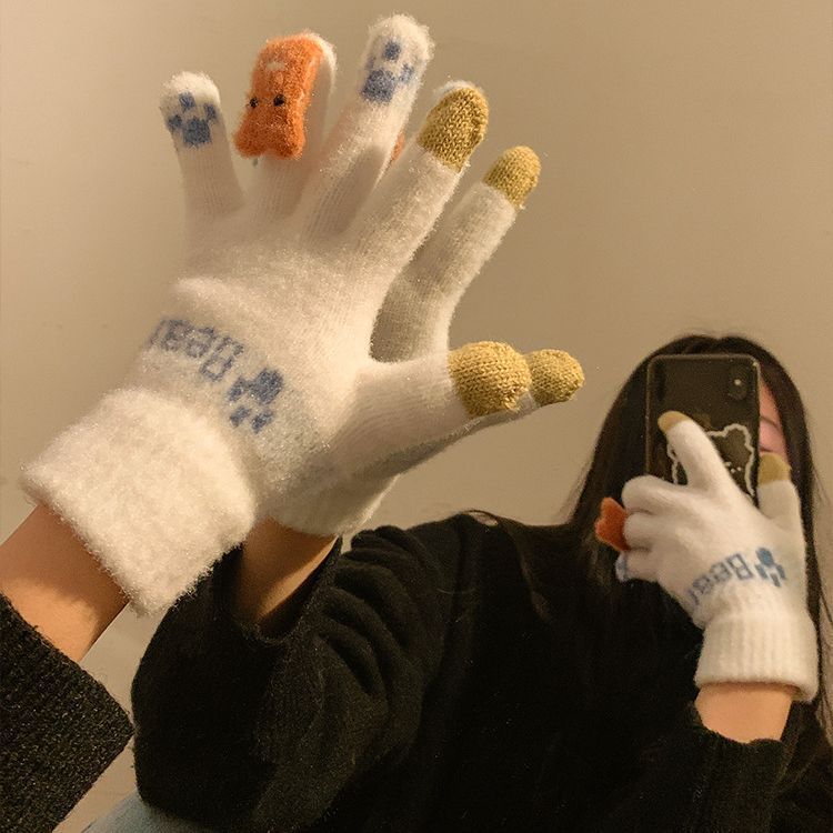 Cute Touch Screen Knitted Warm Gloves for Women In Winter Plus Velvet Thickening for Students Riding In Winter New Cold and Windproof