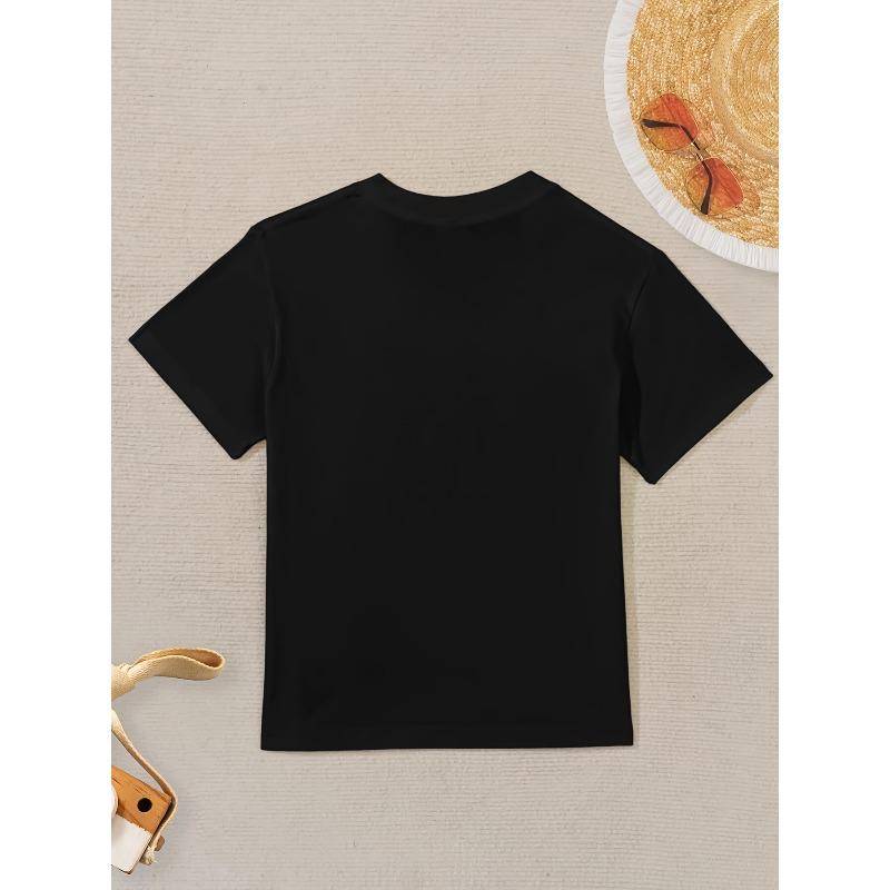 European Size Girls Short Sleeved T Shirt with Pure Floral and Heart Shaped English Pattern Comfortable and Breathable