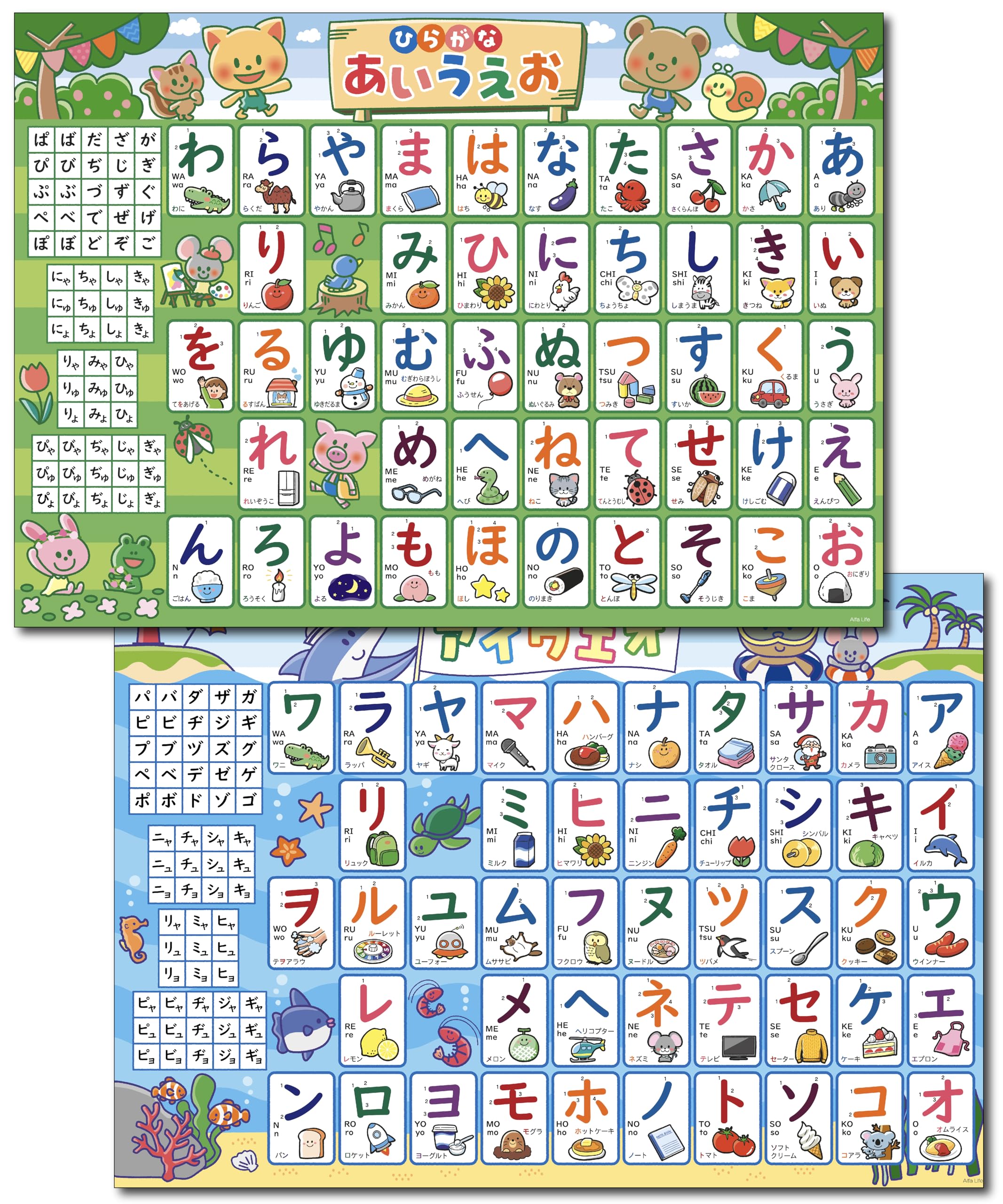 

Alfa Life Bath Study Set of 2 Hiragana and Katakana Posters B3 Waterproof Double-sided Tape Included for Toddlers and Kindergarten