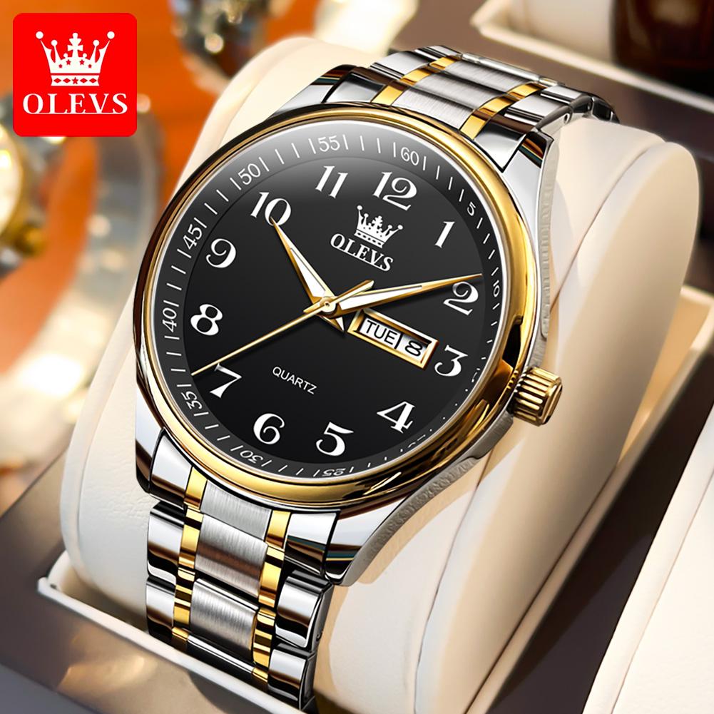 OLEVS Trendy popular mens watches Dual Calendar waterproof Arabic numeral scale luminous quartz wristwatch genuine watch for man