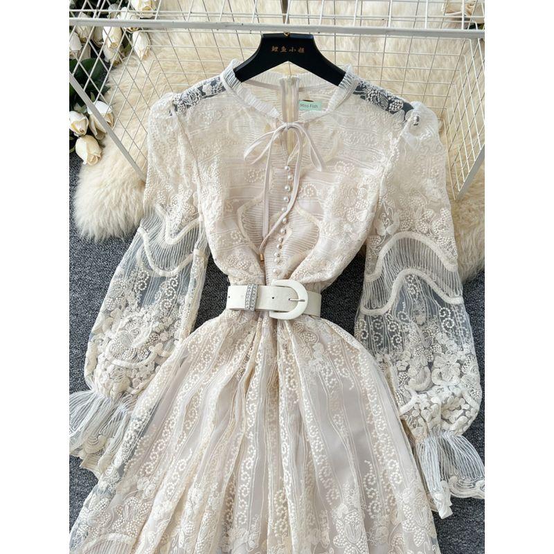 French style Elegant Dress Women Spring High-Grade Heavy Embroidery Mesh Waist Hugging Slimming Puffy Fairy Long Skirt