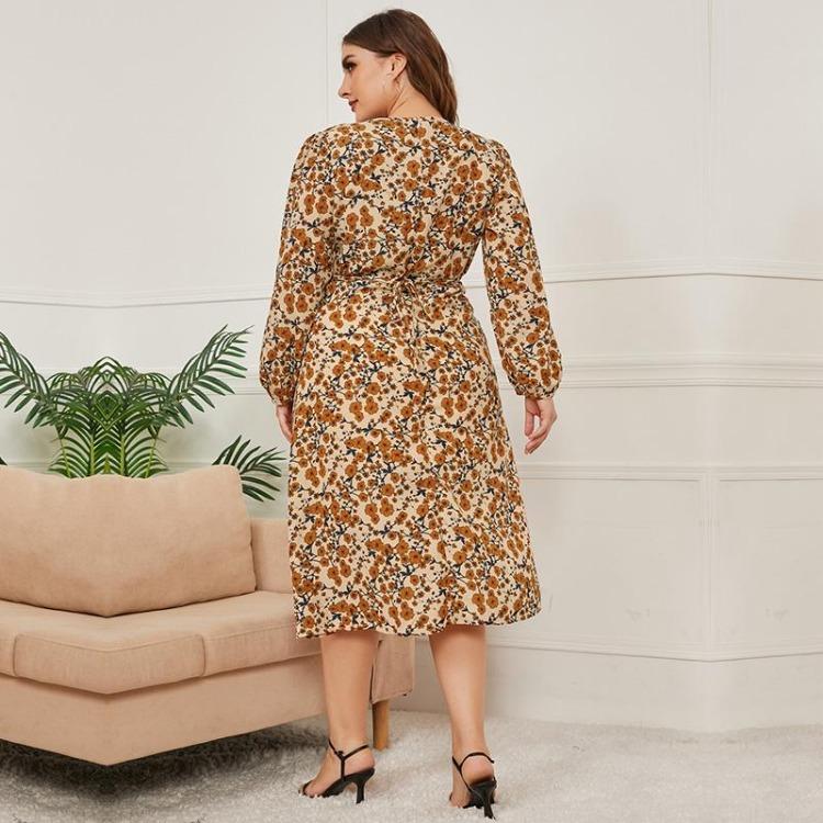 Women Long Sleeve V Neck Slim Fit Printed Dress High Waist Lace Up All Match Autumn Winter New Fashion