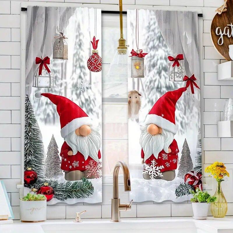 Set Of 2 Santa Claus Christmas Balloon Pattern Printed Curtains Decorations Home Room Curtain Polyester