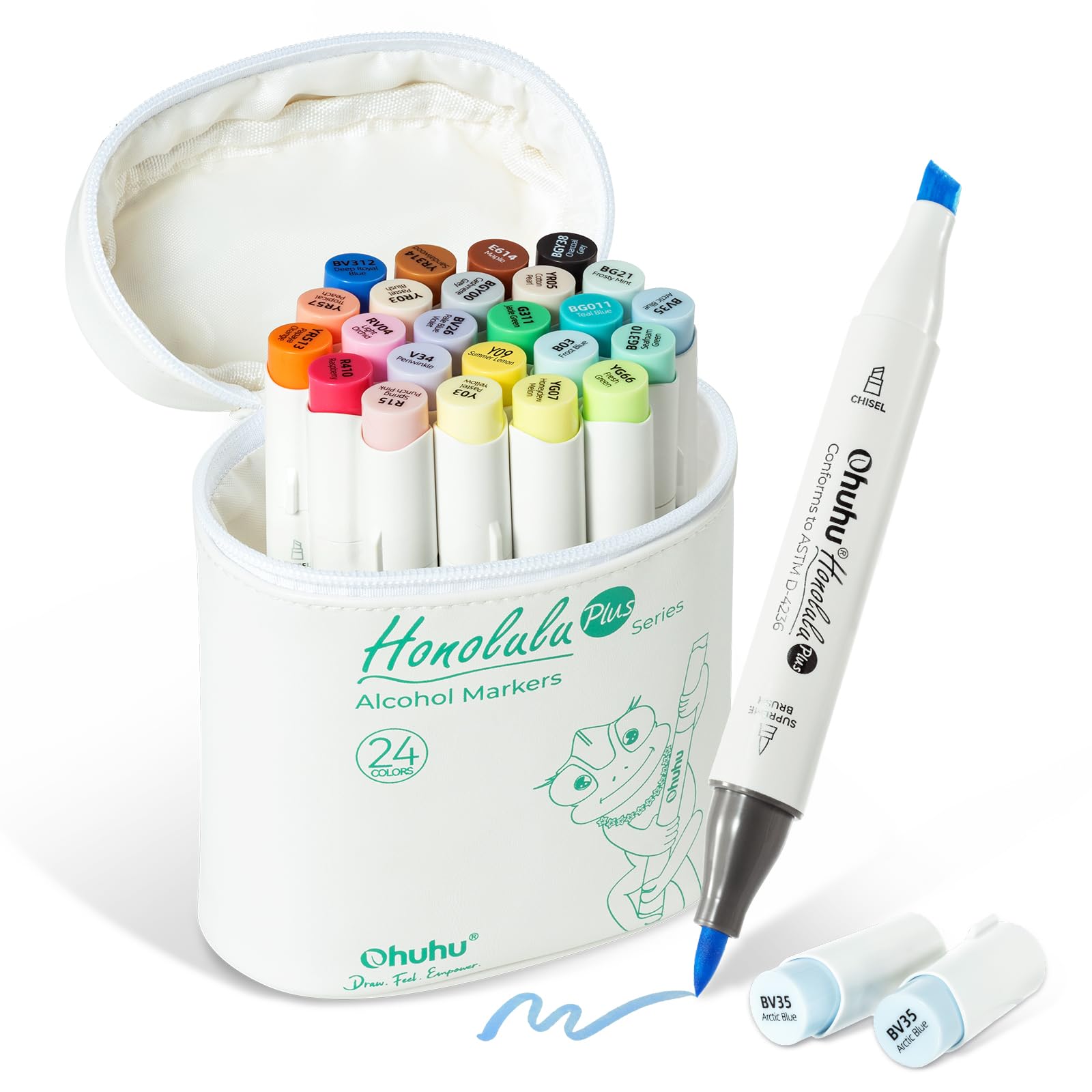 

Ohuhu Premium Brush Bold Illustration 24 Basic Professional Marker Pen Includes 1 Blender Honolulu Plus Series & Markers, Colors, Brush-Type Set,