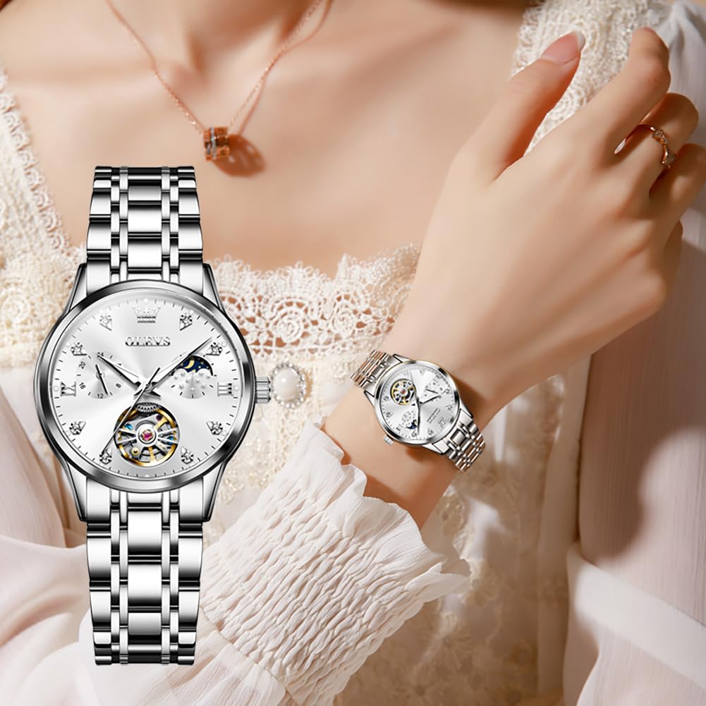 OLEVS Ladies Watch Mechanical Automatic Cute Arm Watch Ladies Watch Waterproof Luminous Diamond Sparkling Ladies Watch Date Ladies Watch White