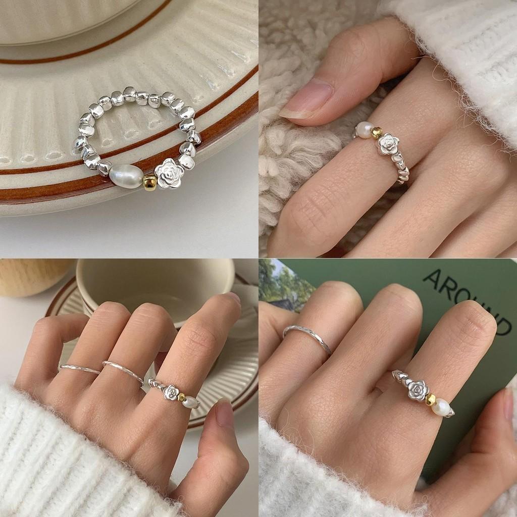 Elegant Korean Floral Design Pearl Ring For Women With Copper Material And Elastic Band