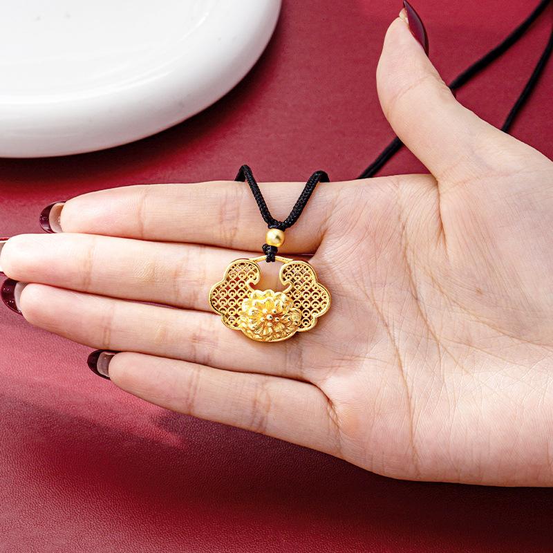 Three-dimensional Peony Flower Girl Retro Hollow Filigree Safety Lock Jewelry Necklace Pendant 60CM(Necklace Long)