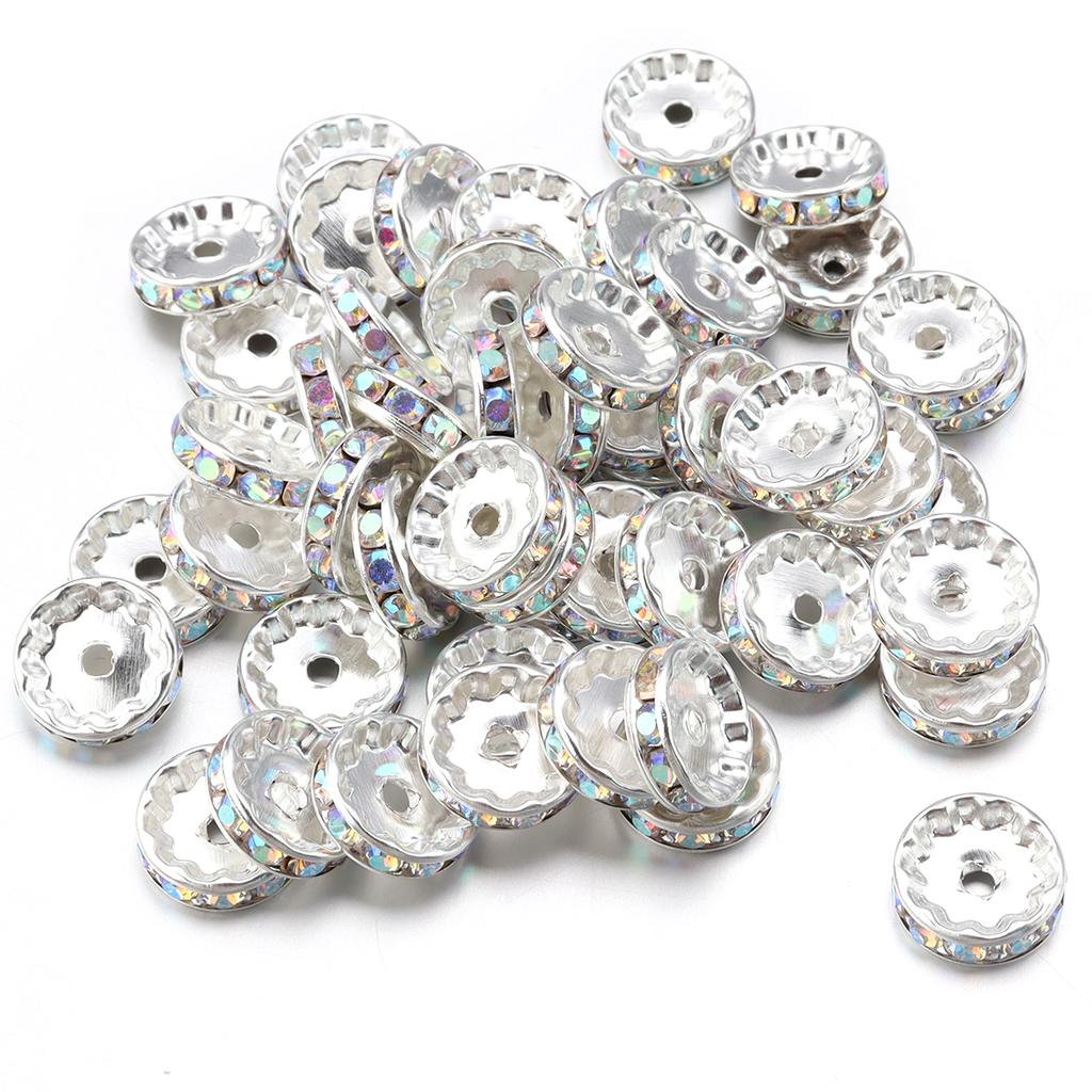 50pcs/lot Colorful Metal Round Rhinestone Rondelle Crystal Beads Loose Spacer Beads For Jewelry Making DIY Bracelet Necklace