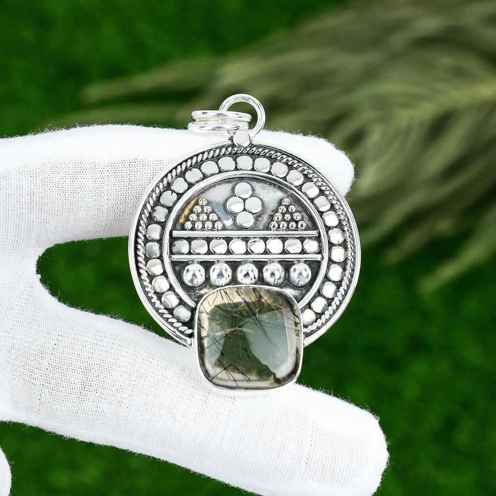 Memorial Day Sale Natural Black Rutile Daughter Handcrafted Pendant 925 Silver