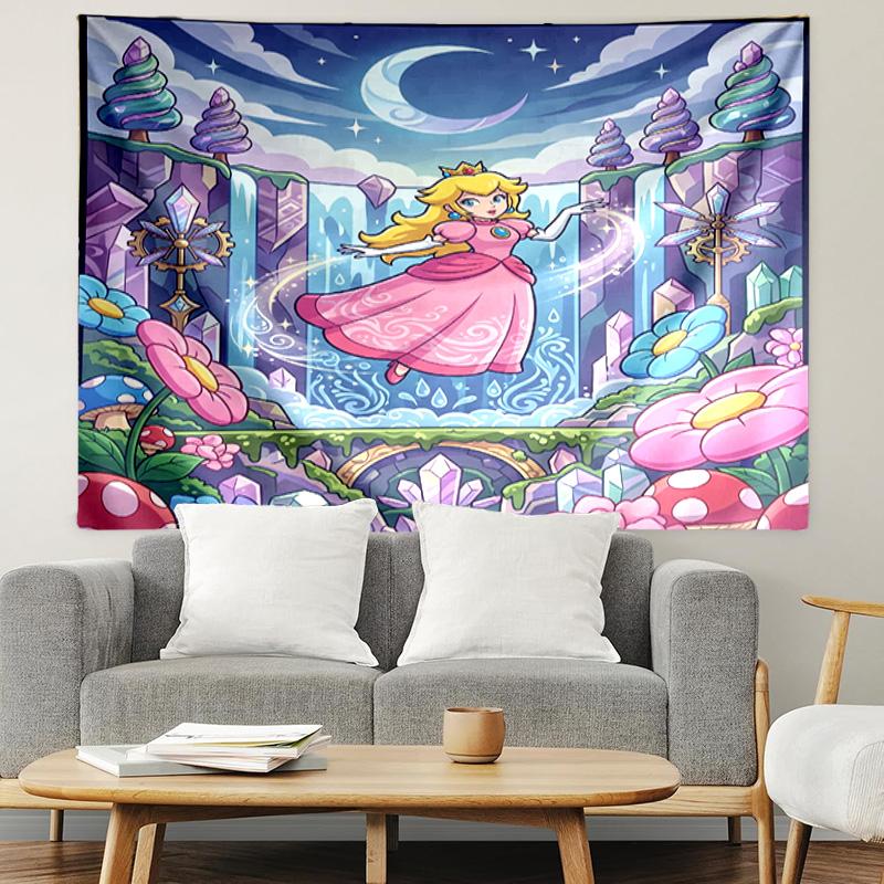 Princess Peach Toadstool Print Tapestry, Lightweight Wall Hanging, for Bedroom, Dorm, Living Room, Home Art Decor, Birthday Christmas Gift for Friends