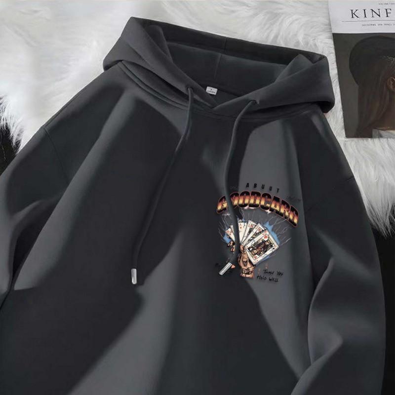 Oversized Hooded Sweatshirt With Poker Print Unisex Streetwear Winter Thick Cotton-Lined Casual Pullover