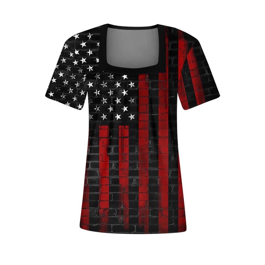 Womens Tops Casual Summer Independence Day Print T Shirts Short Sleeve Square Neck Basic Tee