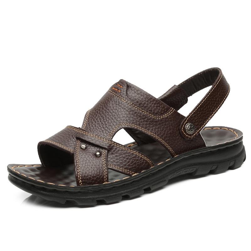 Sandals men's summer new slippers soft rubber sole trendy shoes first layer cowhide fashion leather casual beach shoes