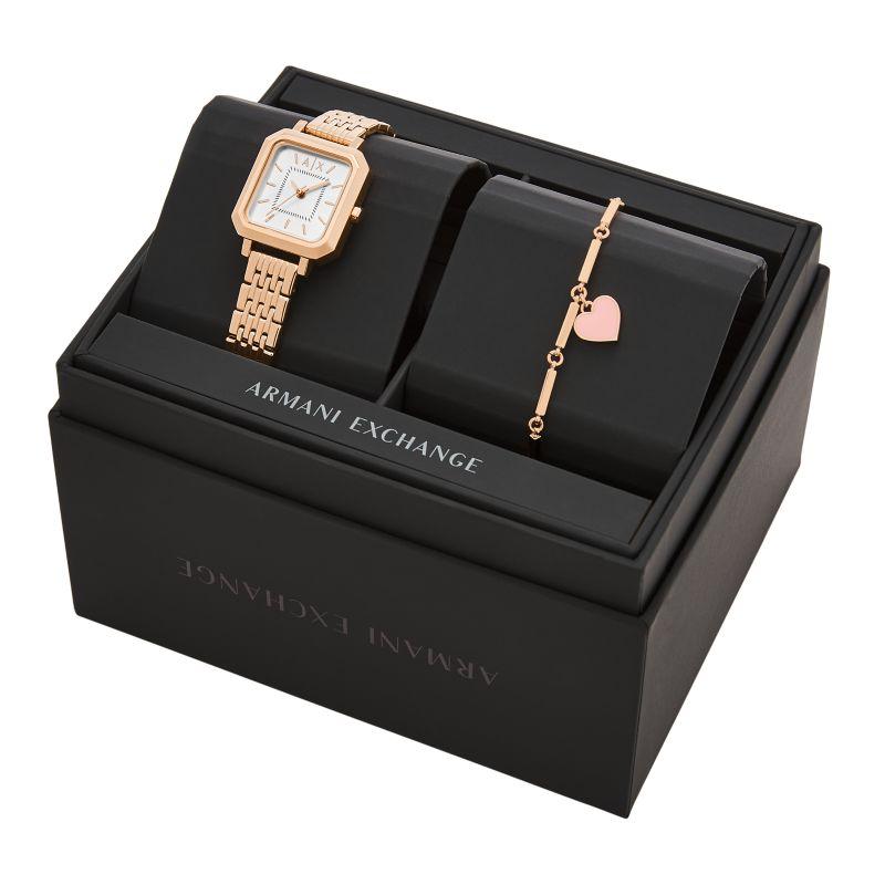 ARMANI EXCHANGE AE Наручные часы Кварцевый механизм Ремешок из нержавеющей стали 27 мм Серебристый циферблат Женские часы AX7164SET Silver Dial