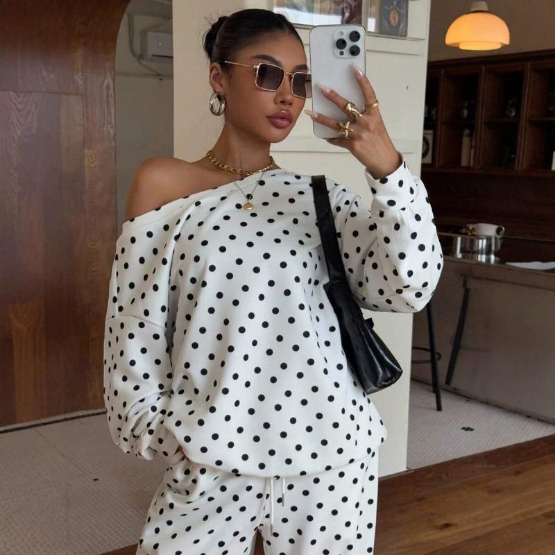Womens Polka Dot Print Off Shoulder Long Sleeve Loose Casual Two Piece Sweatshirt Pant Set