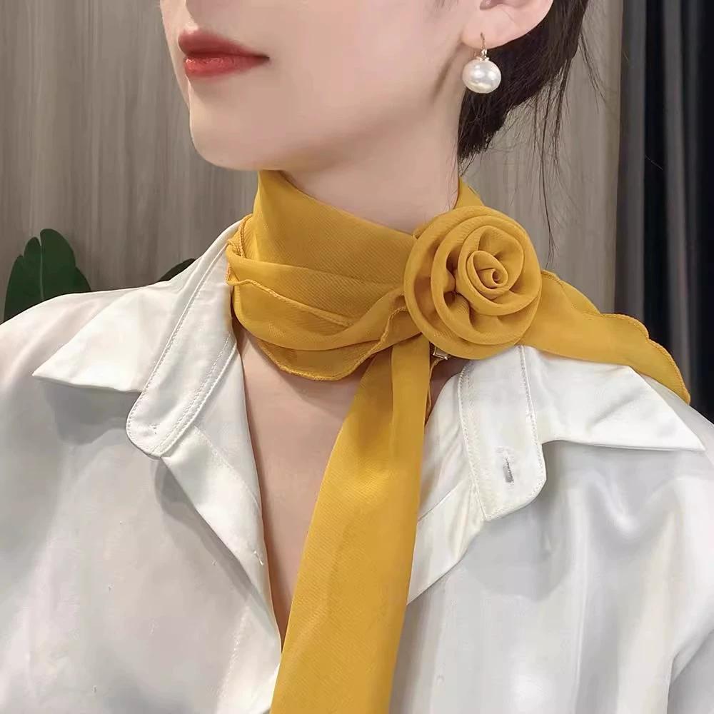 Summer Solid Color Rose Blossom Silk Scarf for Women Versatile and Stylish Thin Scarf for Neck Protection