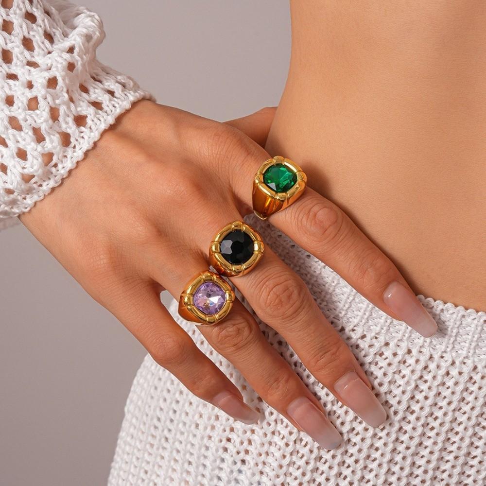 Zircon Square Crystal Ring Stainless Steel Exaggerated Ring Creative Square Zircon Rings  Couple