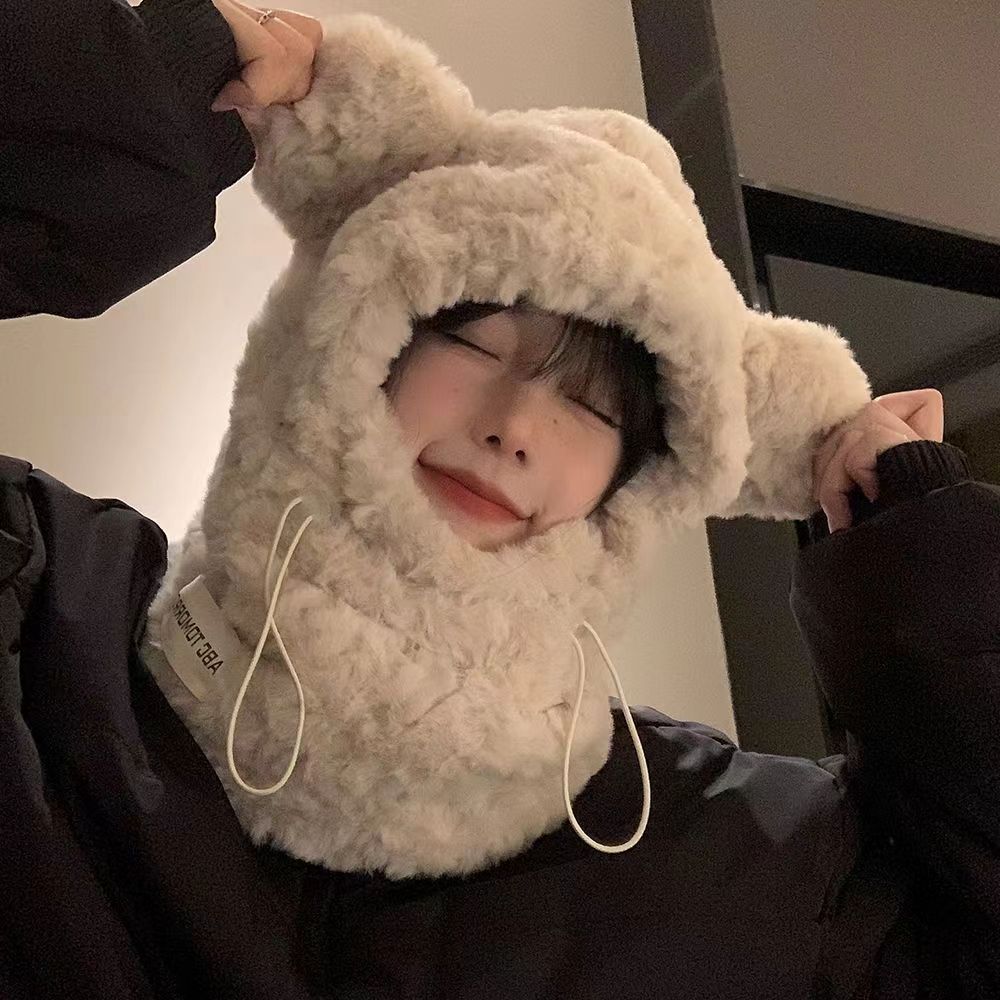 Autumn Winter Women's Cute Thickened Plush Bear Hat Scarf Integrated Korean Style Warm Ear Protection Cycling Lei Feng Cap