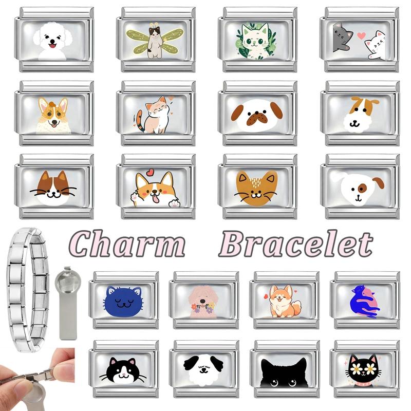 Cute Animal Series Dragonfly Flower Cat Corgi Dog Italian Charm Links Fit 9MM Stainless Steel Bracelet DIY Jewelry Making Gift