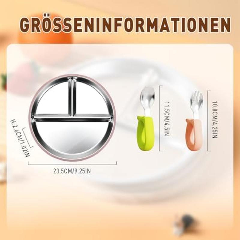 2-Pack Stainless Steel Suction Plate Baby Silicone Plate Set with 2 Forks & Spoons, BPA-Free Food-Grade Material | Dishwasher Safe | Easy To Clean
