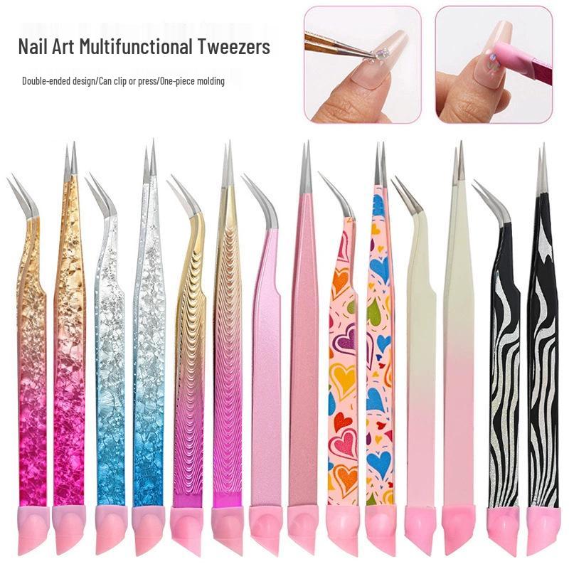 Multifunctional Double-Ended Nail Tool: Tweezers & Silicone Pressing Stick for Nail Art