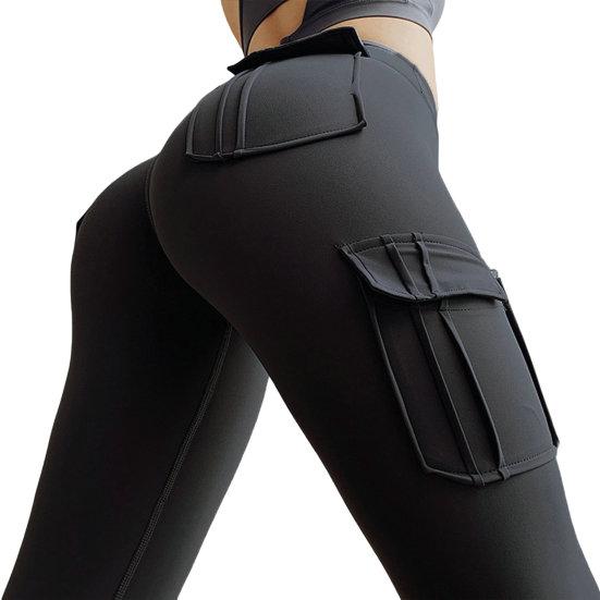 

High Waist Solid Color Multi Pockets Yoga Pants Push Up Seamless Skinny Women Fitness Leggings Activewear L чёрный