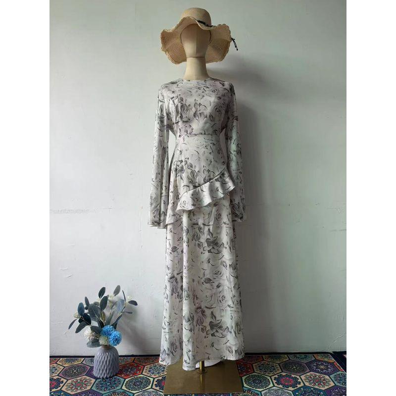 

Western Style New Fashion Print Lace-up Dress round Neck Printed Lace up Dress Picture Color S