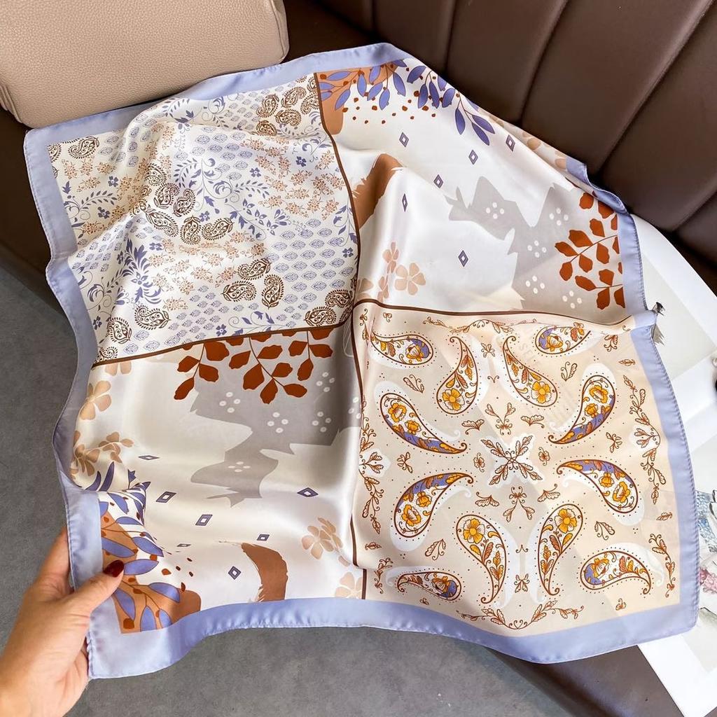 71Cm imitation silk small square scarf burgundy baroque pattern silk scarf versatile professional scarf spring and summer decorative scarf