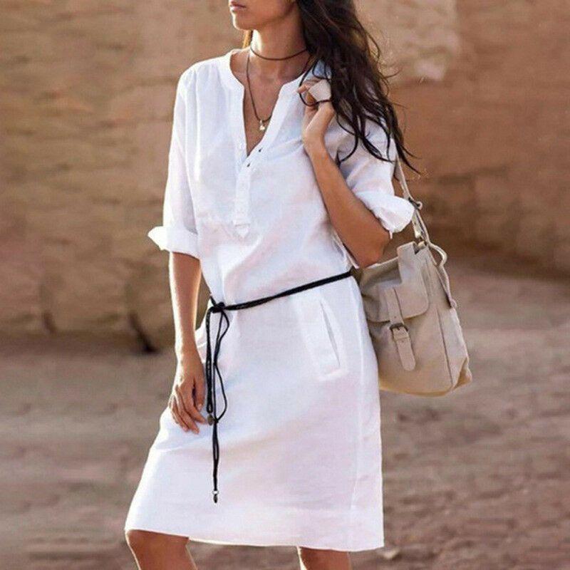 Plus Size Women Long Sleeve Shift Dress With Elegant V Neck Design For Casual Outings