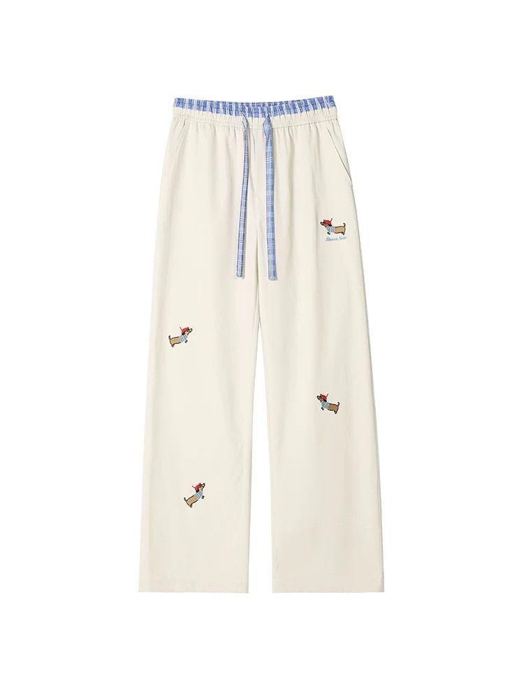 Spring-Summer Men's Color-Blocked Straight-Leg Pants with Dachshund Embroidery - Hong Kong-Style Athletic Loose Versatile Casual Trousers