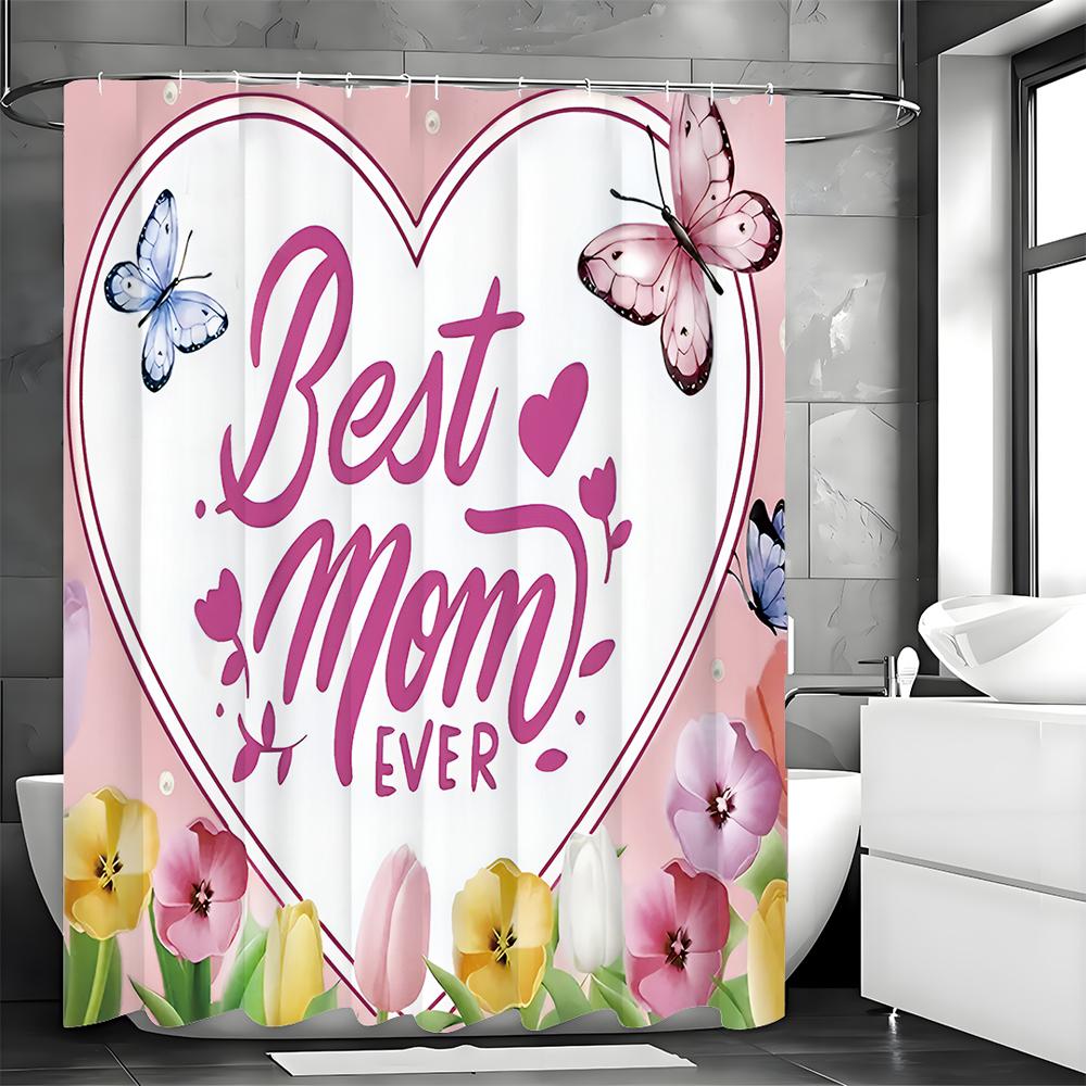 Mother's Day Heartfelt Floral Butterfly Shower Curtain, Bathroom Decorative Shower Curtain, Waterproof Shower Curtain with Hooks