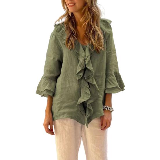 Camisa de mujer con cuello en V, mangas 3/4, volantes, costuras, color liso, pulóver, blusa informal holgada para uso diario